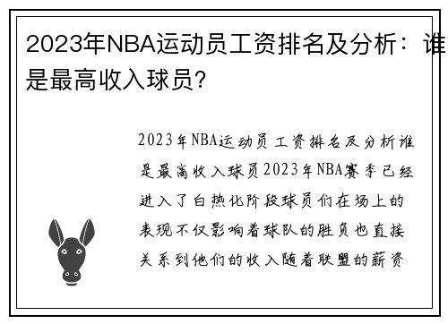 2023年NBA运动员工资排名及分析：谁是最高收入球员？